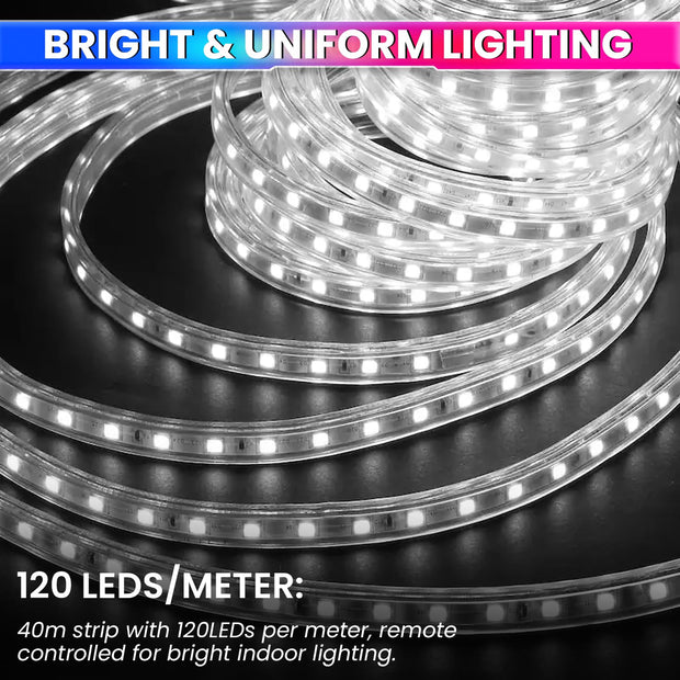 White 40m LED Rope Light with Flexible & Adjustable Decorative Lighting Strip for Home Or Festive Décor (120 LEDs/m)