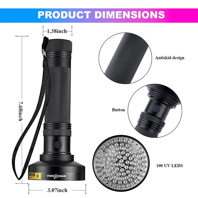 UV Flashlight Torch with 100LEDs Ultra-Violet Metal Torch for Stain Detection, Document Verification & Forensics