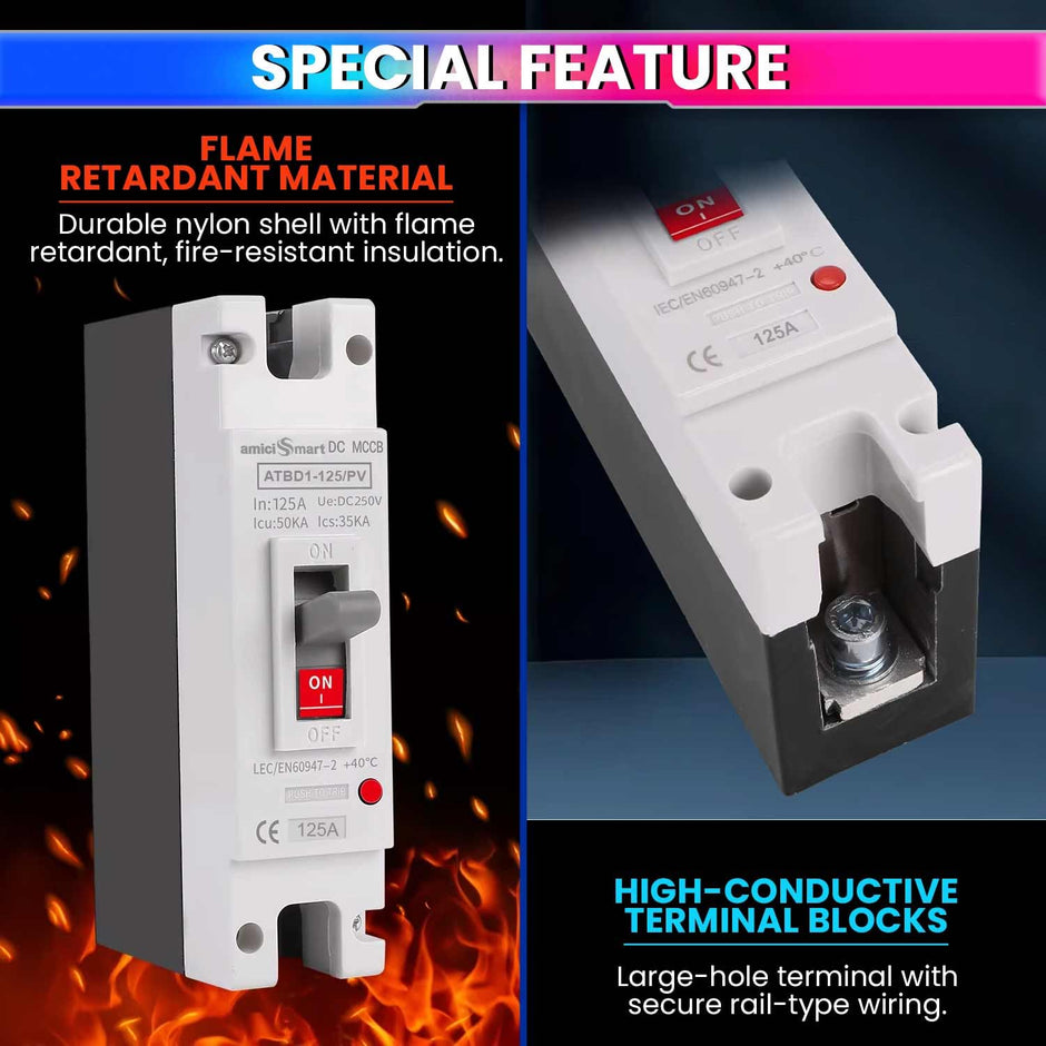 125A 1P DC MCCB, 250V/600V, 50kA – Overload & Short Circuit Protection for Solar/PV Systems