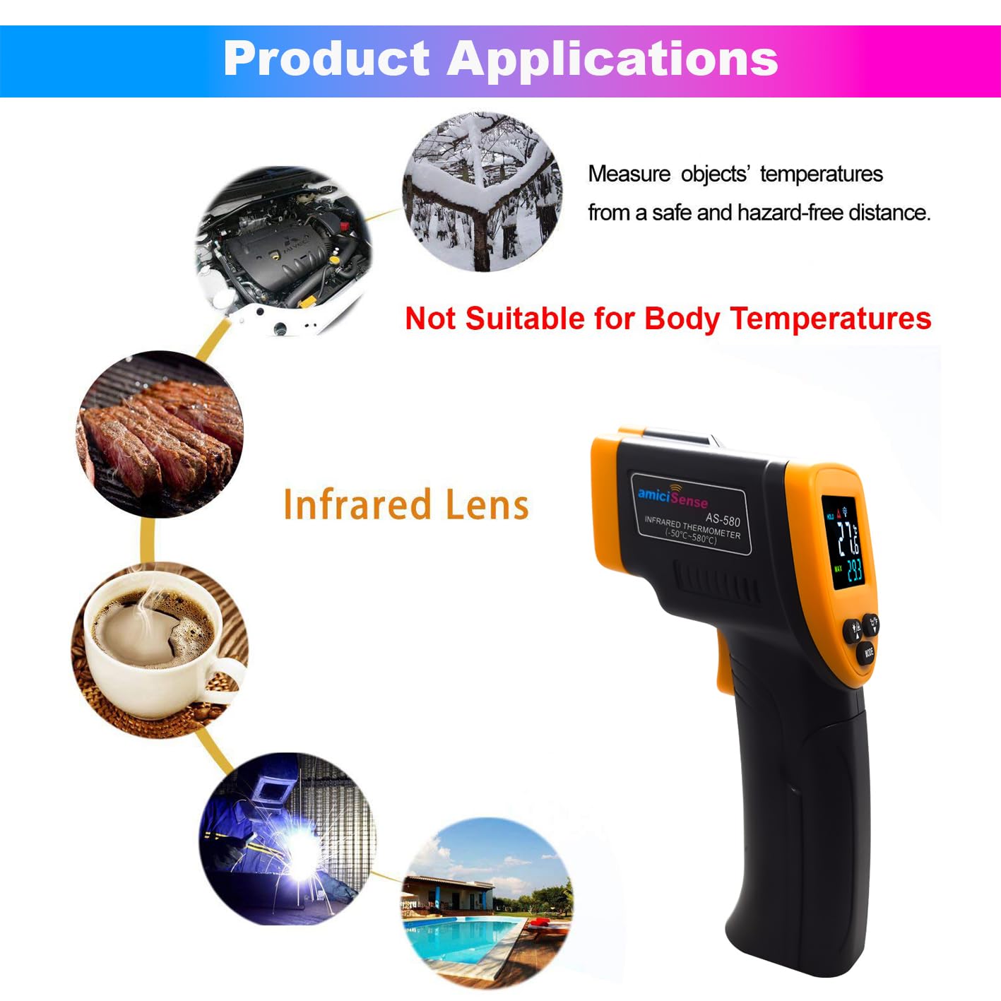 Plastic IR Industrial Thermometer -50~580°C, High Precision with Adjustable Emissivity & LCD amiciKart