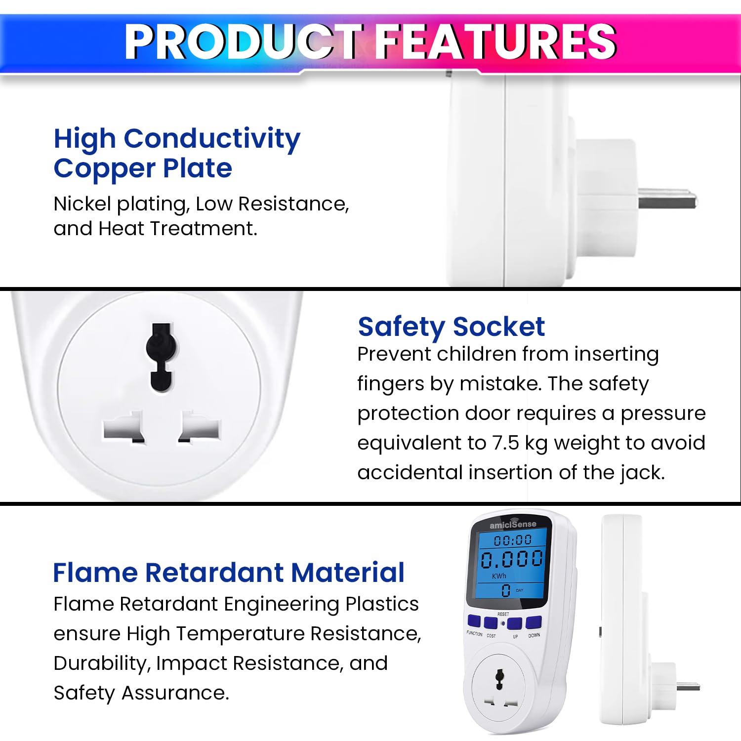 Digital Power Meter Plug – Voltage, Amps & Frequency Test & Cost Monitor 16A Capacity with Real-Time amiciKart