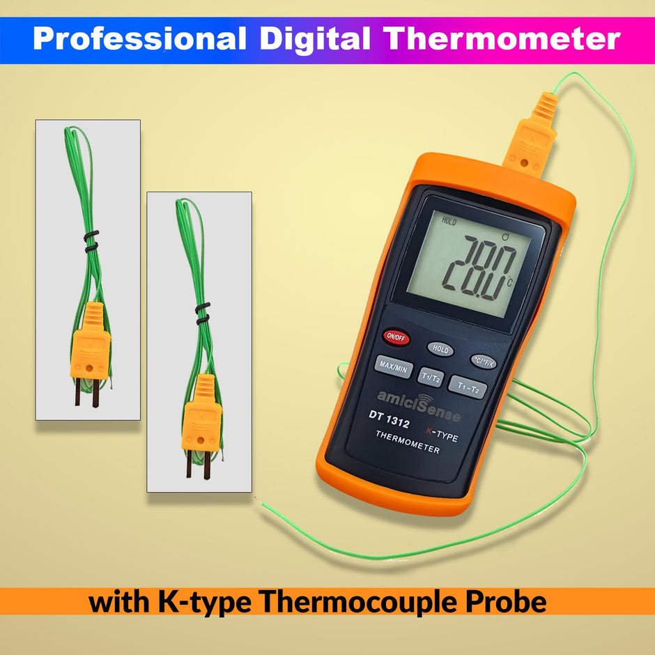2-Channel K-Type Thermocouple Thermometer, -200°C to 1370°C, High Precision Handheld Temp Meter with 4×AAA Batteries