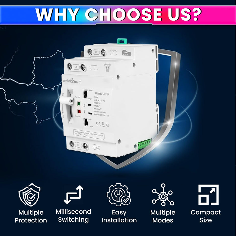 63A Dual Power Automatic Control Transfer Switch, 230VAC Single-Phase Changeover Switch