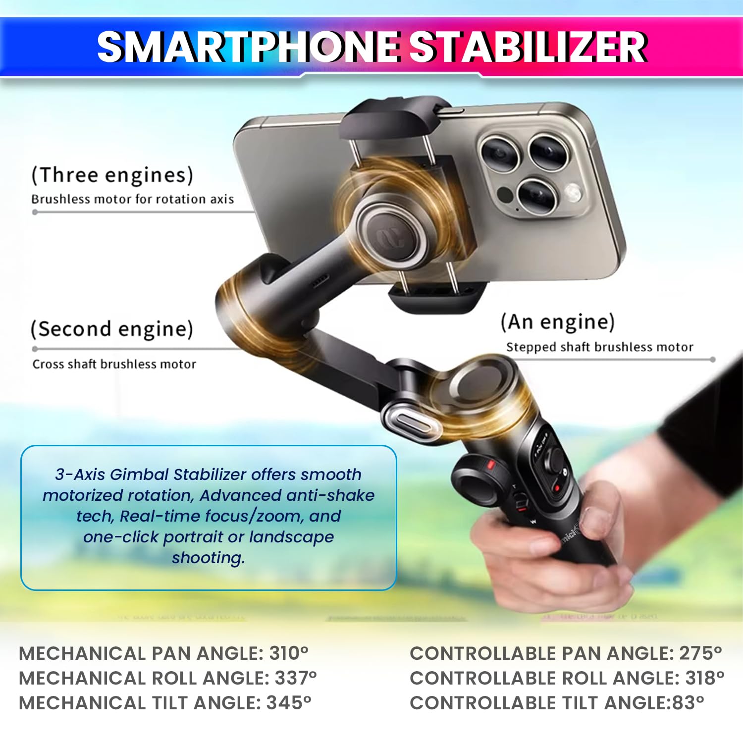 3-Axis Foldable Smartphone Gimbal Stabilizer-Anti-Shake 7.0,Face/Object Tracking