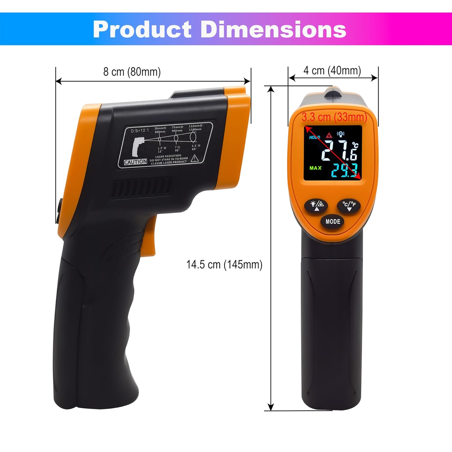Plastic IR Industrial Thermometer -50~580°C, High Precision with Adjustable Emissivity & LCD