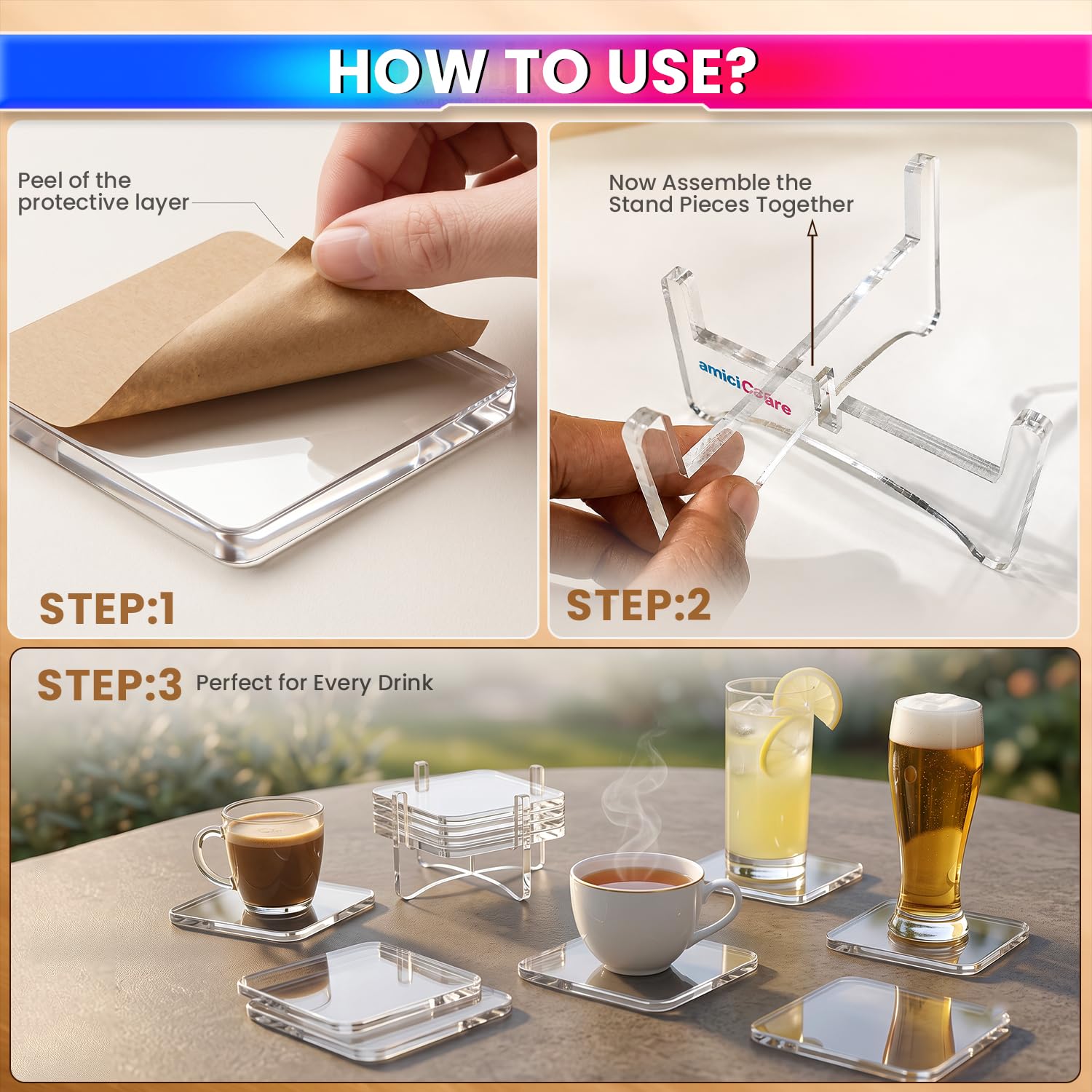 Acrylic Coasters with Holder, Set of 4, Clear Transparent Drink Coasters