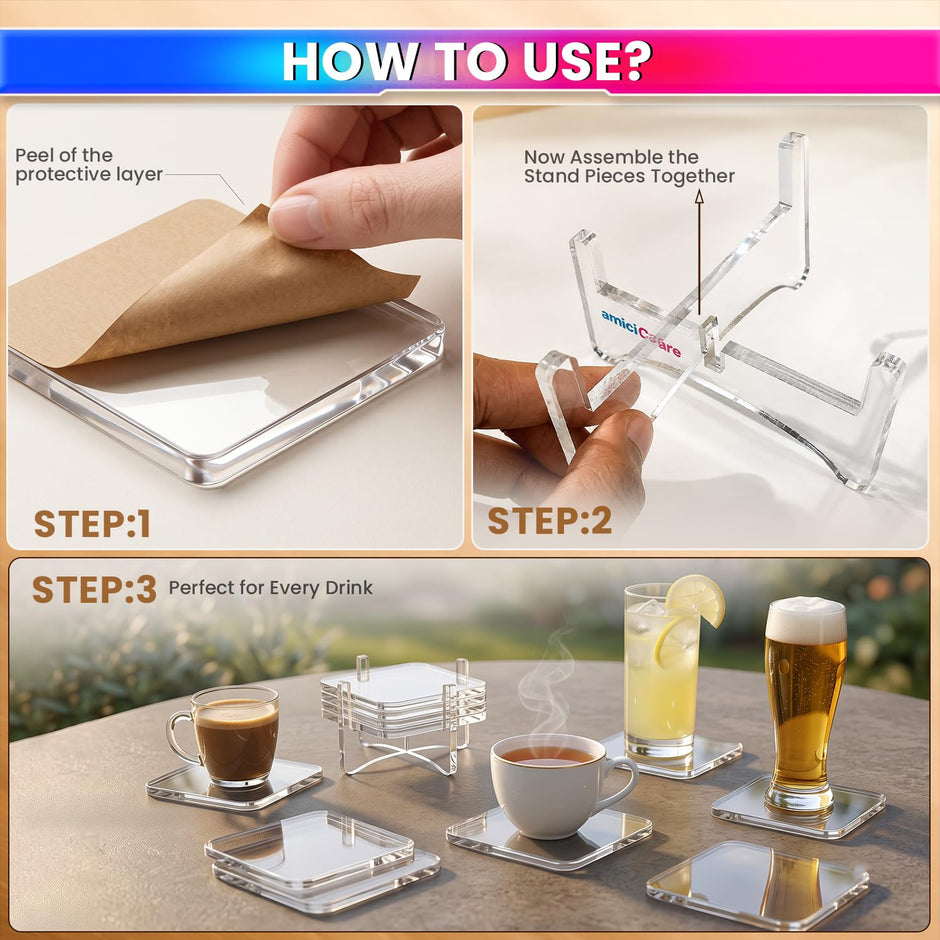 Acrylic Coasters with Holder, Set of 4, Clear Transparent Drink Coasters