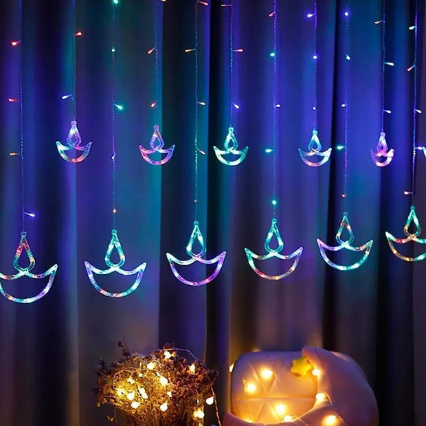 Diya Curtain String Lights 138 LED Multi-Colour Decorative Lights for Festivals or Home Decor with 8 Mode Light Effects
