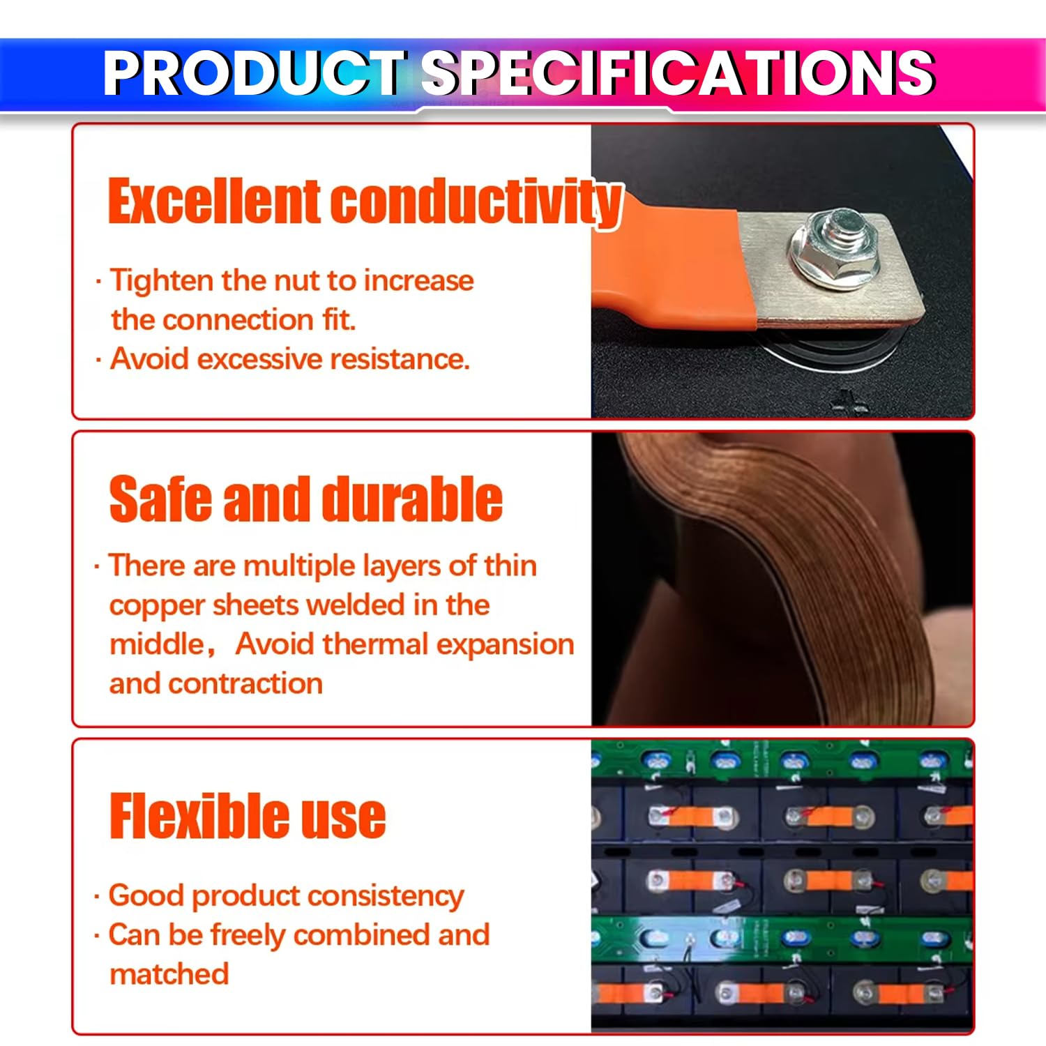 100A Pure Copper Flexible Busbar Battery Terminals for LiFePO₄ Lithium Batteries – Pack of 15 amiciKart