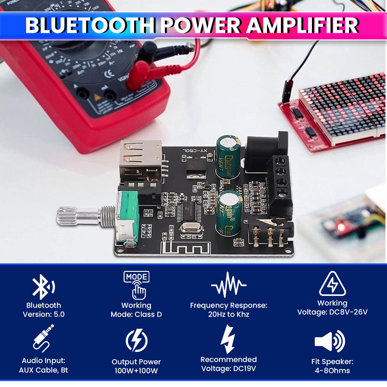 Mini Wireless Bluetooth 5.0 Audio Amplifier – Dual Channel DIY Speaker Amplifier with AUX/USB/U-Disk Input