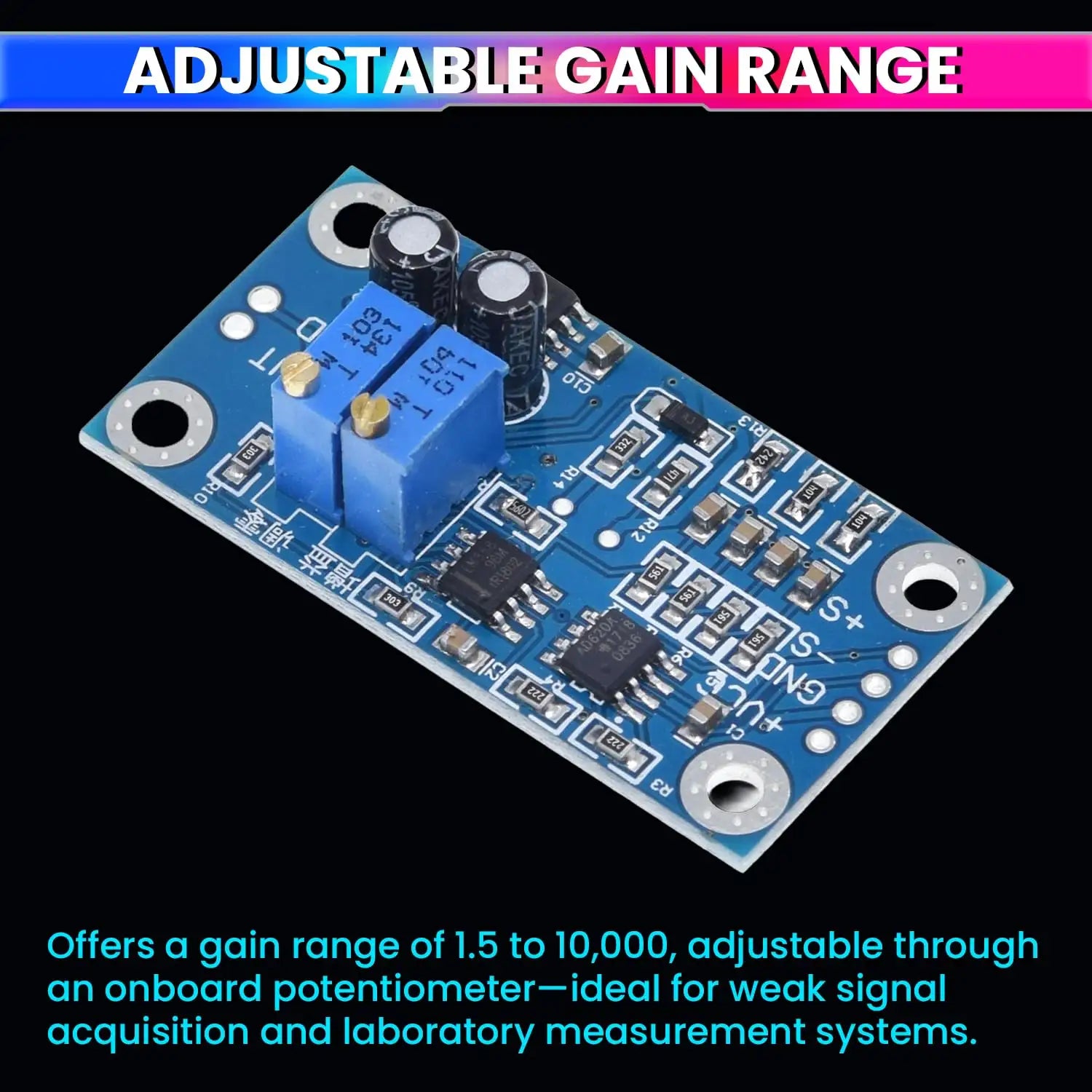 AD620 Microvolt Voltage Amplifier Module, Adjustable Gain 1.5–10,000X, High-Precision Signal Amplifier Board with Built-in Negative Voltage Generator