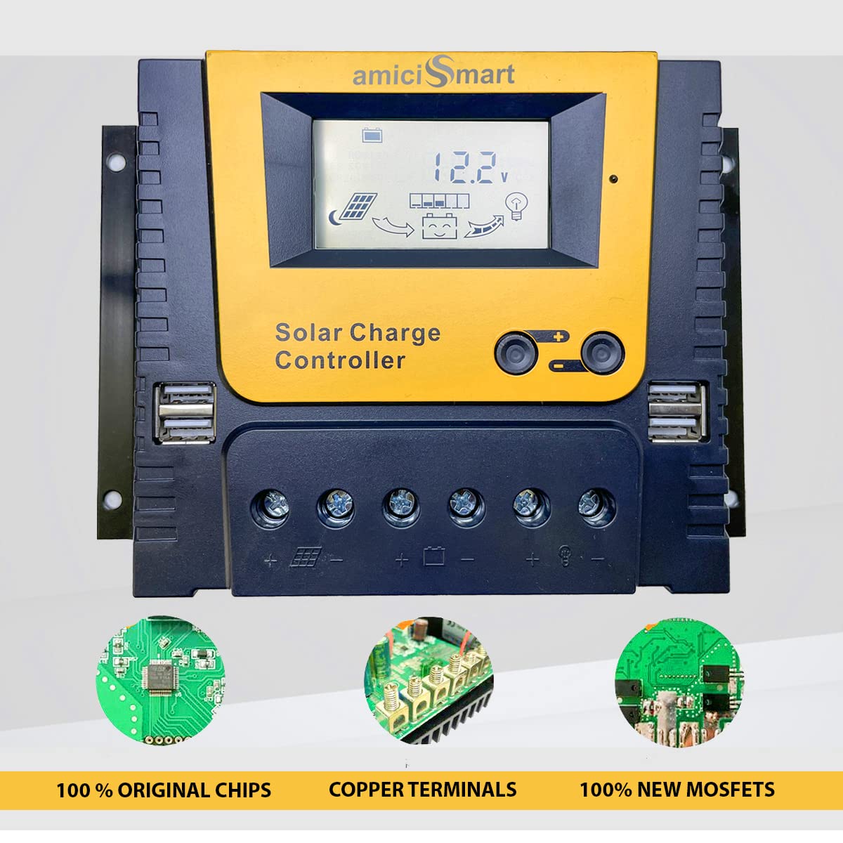 Solar Charge Controller, 4-Stage Intelligent Lithium Battery Regulator for Solar Panel with LCD Display USB Port 12V/24V/36V/48V