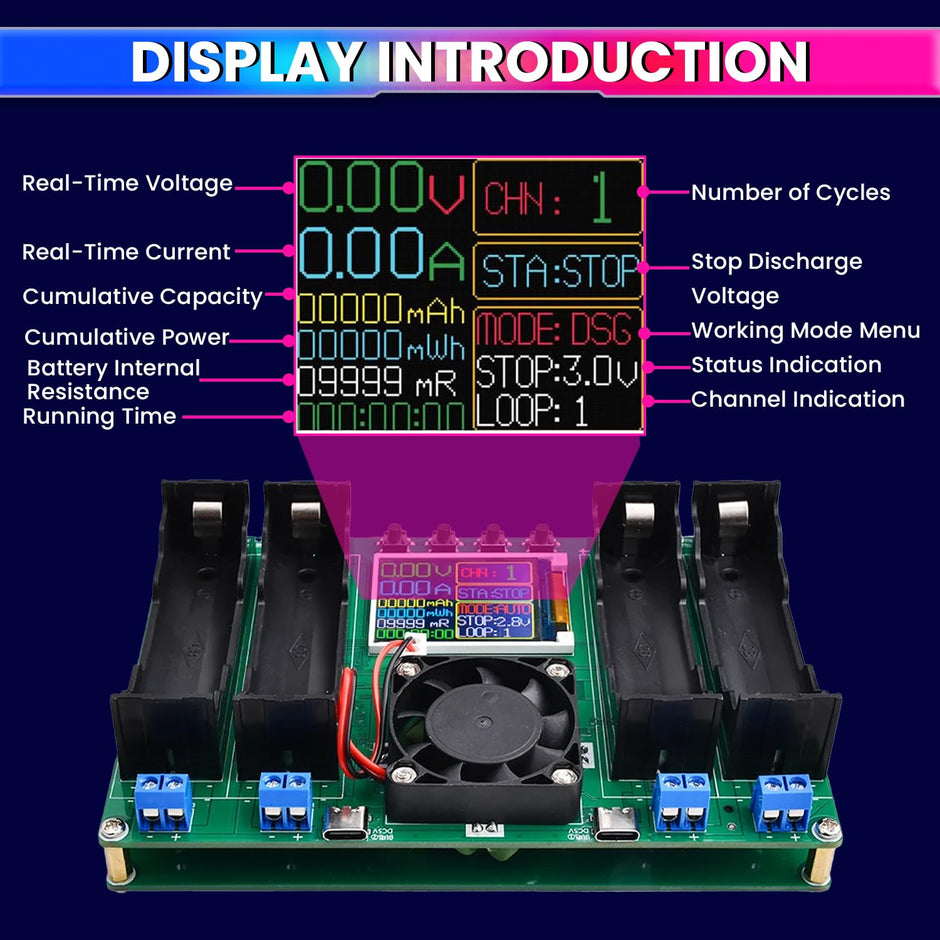 4-Slot Battery Capacity Tester for 18650 Battery Type, Digital Battery Power Detector Module