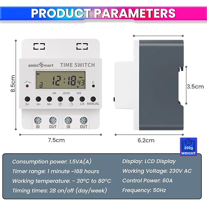 220V 60A Digital Programmable Timer Switch – 28 ON/OFF Settings, LCD Display, Battery Backup