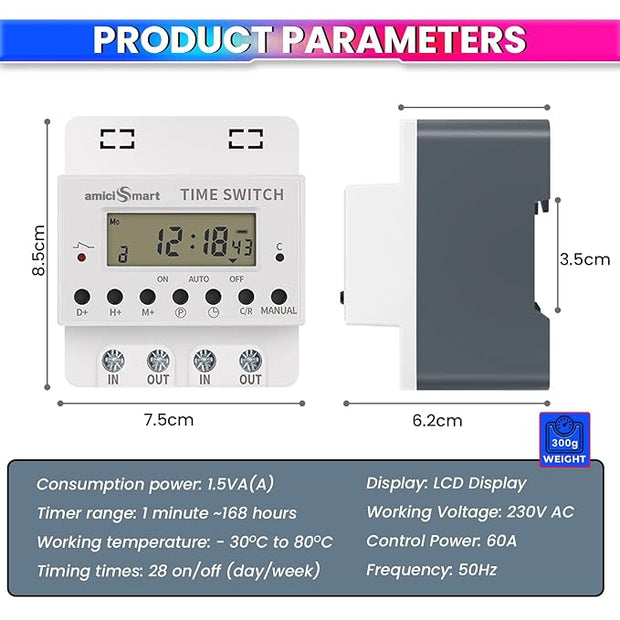 220V 60A Digital Programmable Timer Switch – 28 ON/OFF Settings, LCD Display, Battery Backup