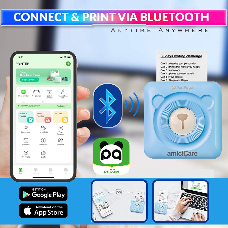 Mini Printer, Wireless Portable Ink-Less Thermal Printer with Bluetooth App Connectivity