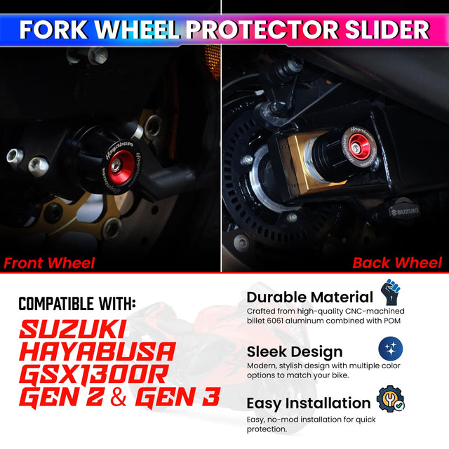 Suzuki Hayabusa, GSX1300R, Gen 2 & Gen 3 Front & Rear Axle Fork Wheel Protector Sliders – Enhanced Fall & Crash Protection