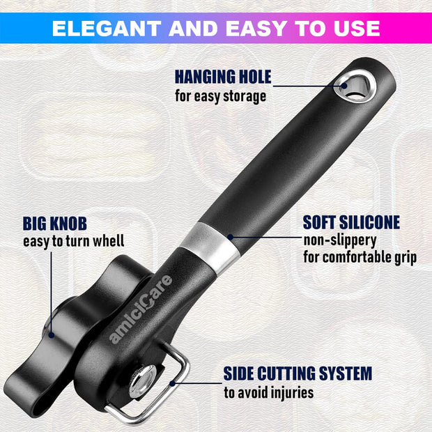 amiciCare Can Opener, Manual Tin Opener with Anti-Slip Grip Handle and Stainless Steel Sharp Blade