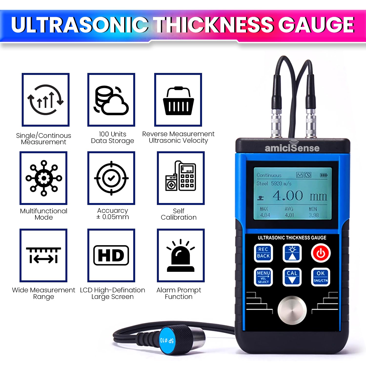Professional Ultrasonic Thickness Gauge , Precision Measurement Range 0.8mm to 500mm,Microprocessor Controlled with Adjustable Velocity amiciKart