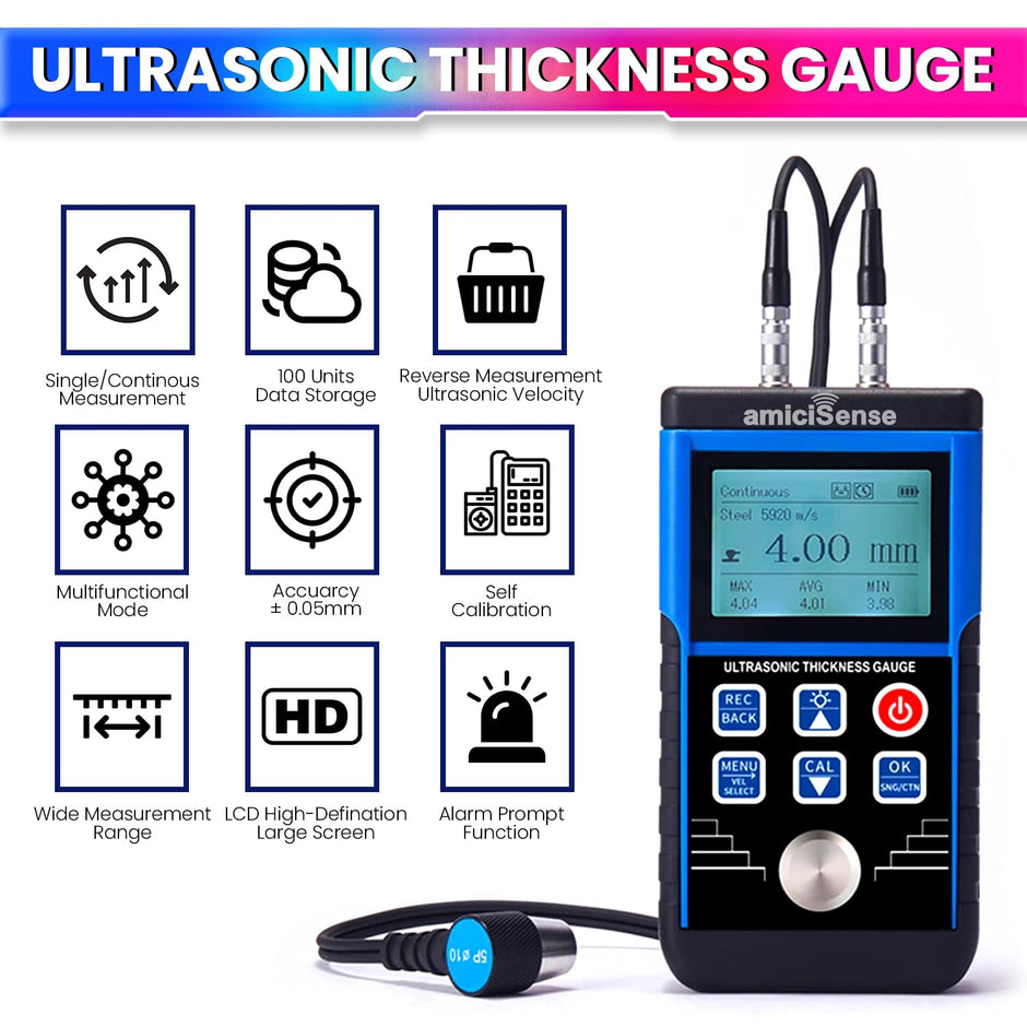 Professional Ultrasonic Thickness Gauge , Precision Measurement Range 0.8mm to 500mm,Microprocessor Controlled with Adjustable Velocity amiciKart