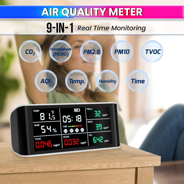 amiciSense WIFI Air Quality Meter with Time Display & Data Export Feature-CO2/PM2.5/HCHO/Temperature/Humidity Sensor Compatible with SmartLife App