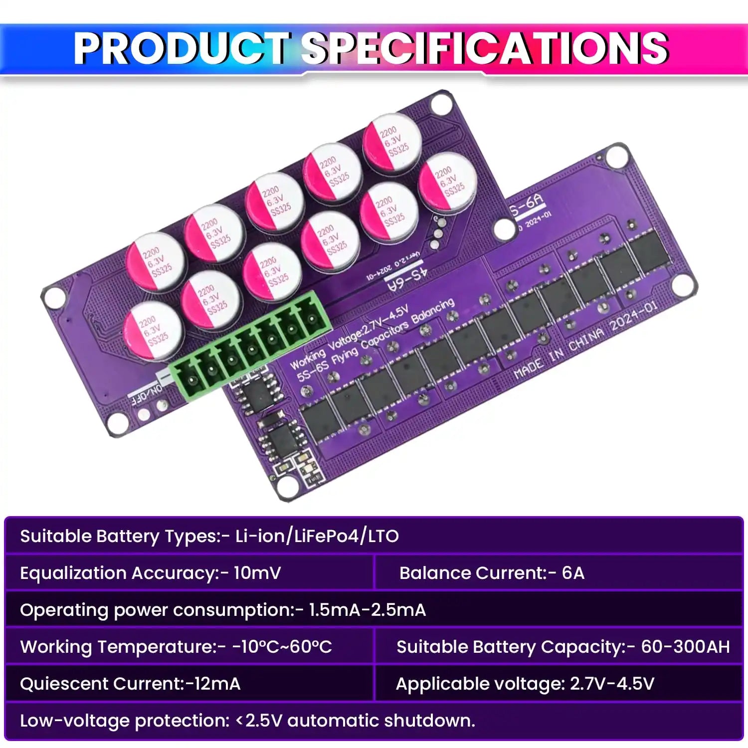 6S 6A Active Balancer Board for LiFePO4, Lithium, Li-ion & LTO Battery Packs Inductive Energy Equalization 2.7V–4.5V Cell Support 6A Voltage Balancing