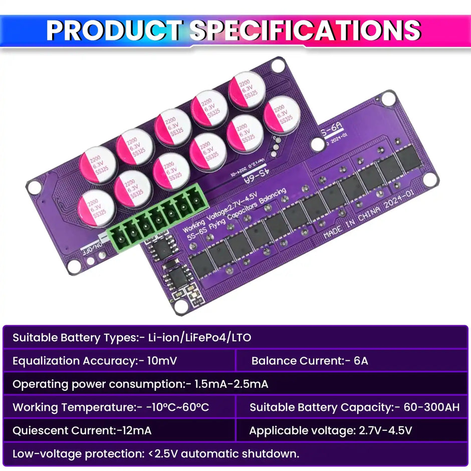 6S 6A Active Balancer Board for LiFePO4, Lithium, Li-ion & LTO Battery Packs Inductive Energy Equalization 2.7V–4.5V Cell Support 6A Voltage Balancing