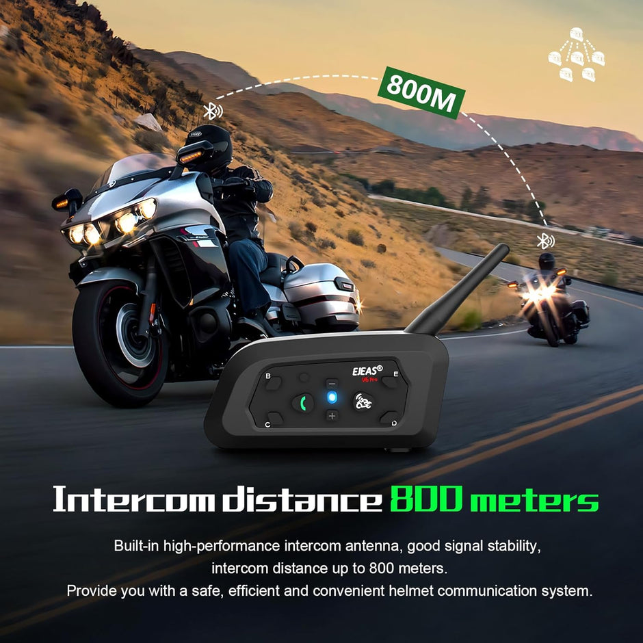 EJEAS V6 Pro Helmet Intercom Communication System V6 Motorcycle Bluetooth On Ear Headphones Connect Up to 6 Riders 1200M V6 Pro(1 Pack)