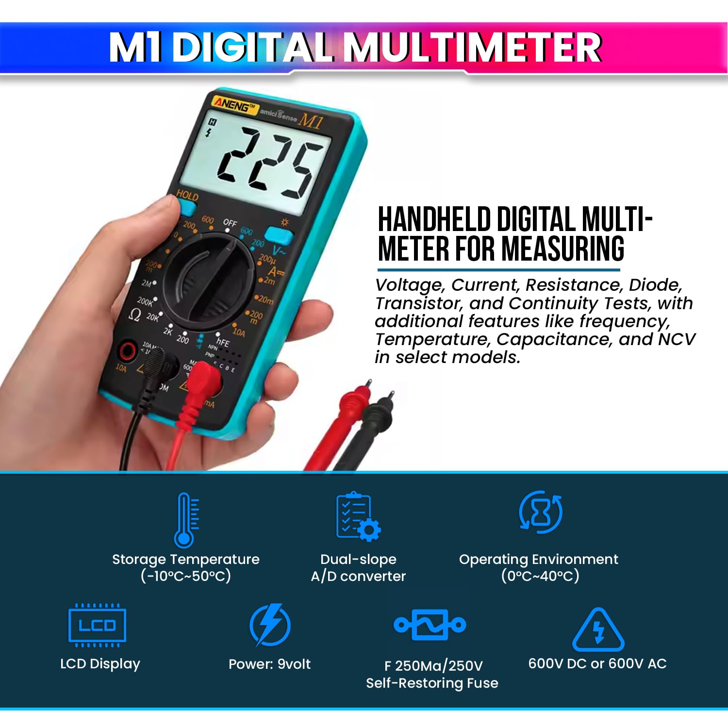 M1 Digital Multimeter – 600V AC/DC, Current, Resistance, Diode, hFE Test, Data Hold, Backlit amiciKart