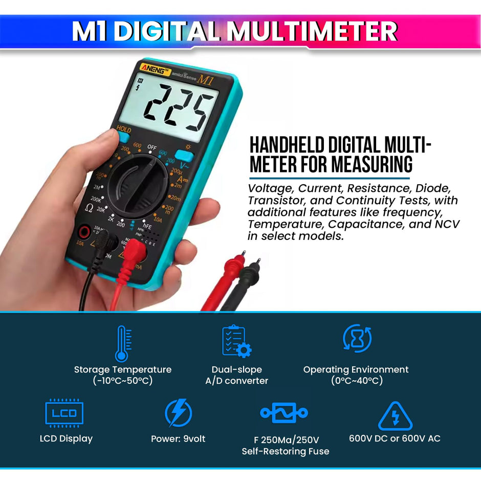 M1 Digital Multimeter – 600V AC/DC, Current, Resistance, Diode, hFE Test, Data Hold, Backlit amiciKart