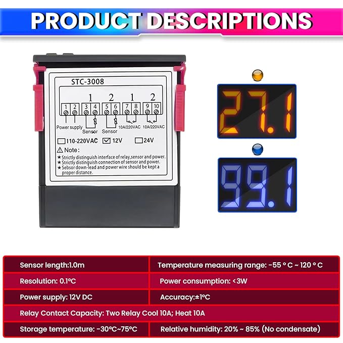 Digital Temperature Controller Thermostat with Relay Outputs for Heating & Cooling Control