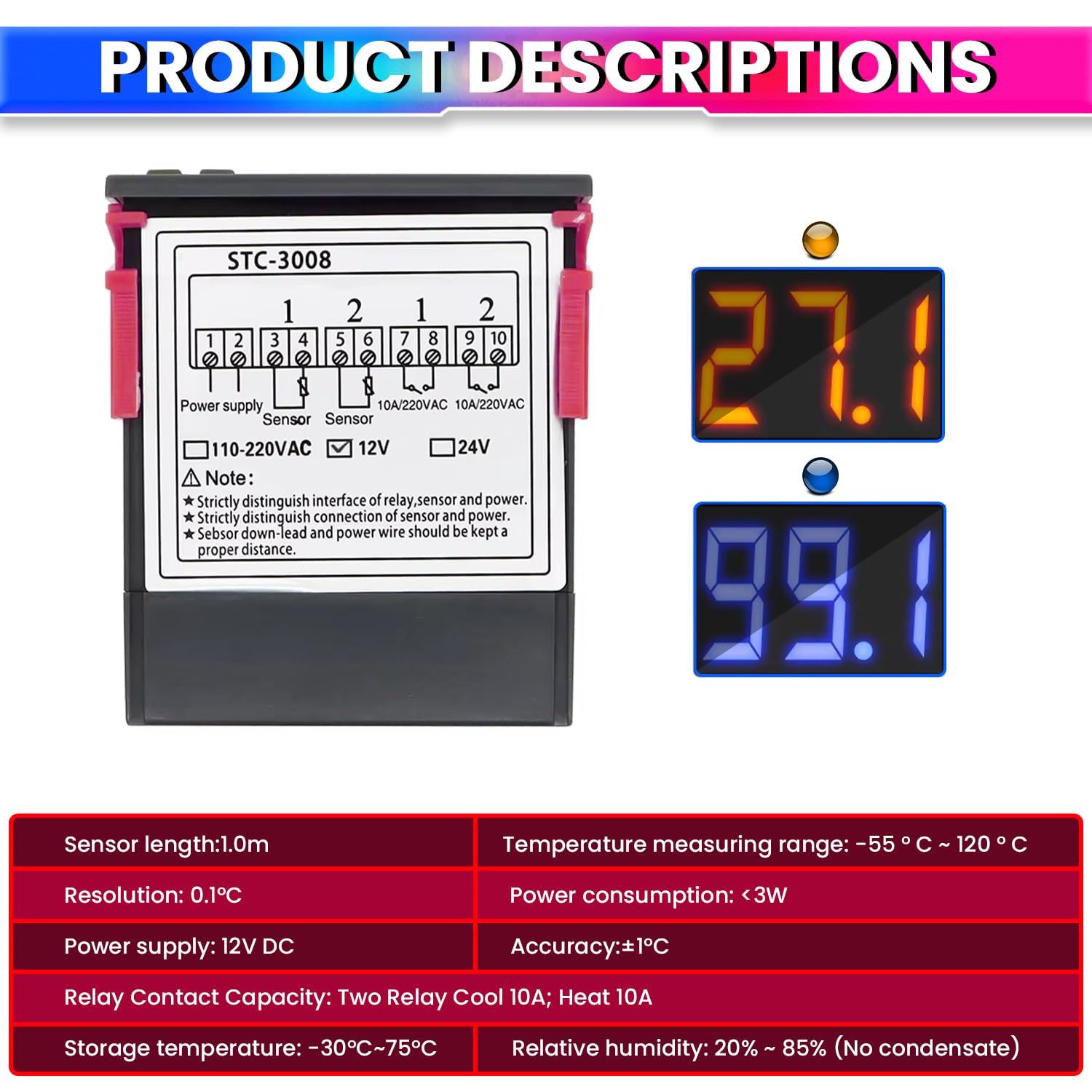 Digital Temperature Controller DC 12V Thermostat with Dual 10A Relay Outputs for Precise Heating and Cooling Control