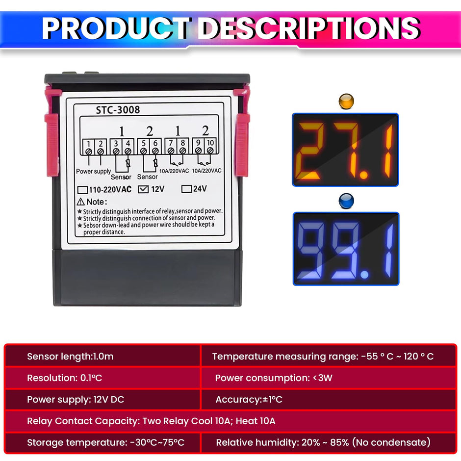 Digital Temperature Controller DC 12V Thermostat with Dual 10A Relay Outputs for Precise Heating and Cooling Control