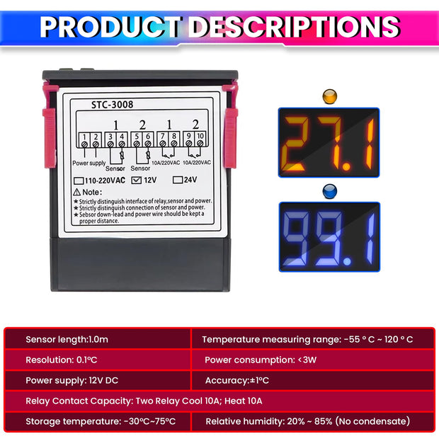 Digital Temperature Controller DC 12V Thermostat with Dual 10A Relay Outputs for Precise Heating and Cooling Control