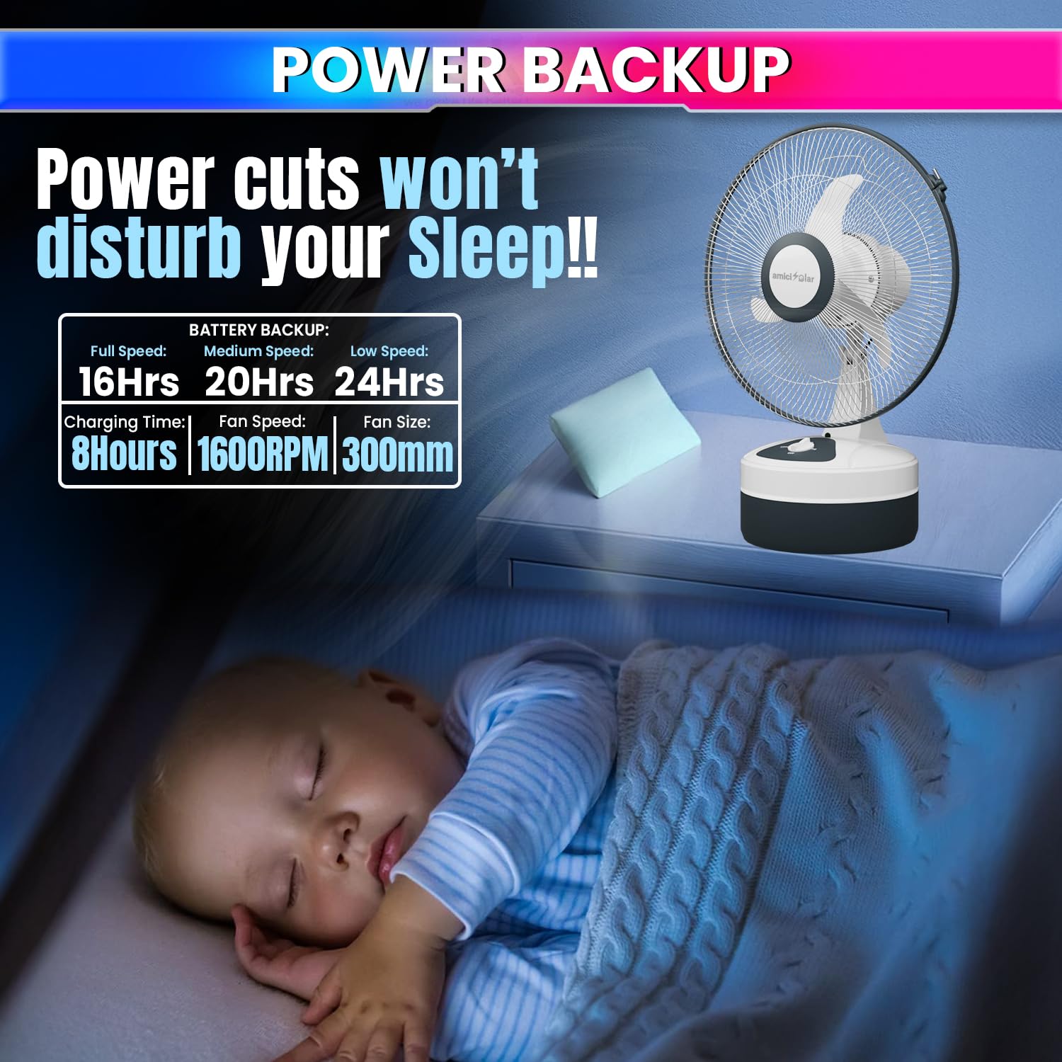 12-Inch Rechargeable Table Fan – Portable 3-Speed AC/DC Fan with 24-Hour Battery Backup