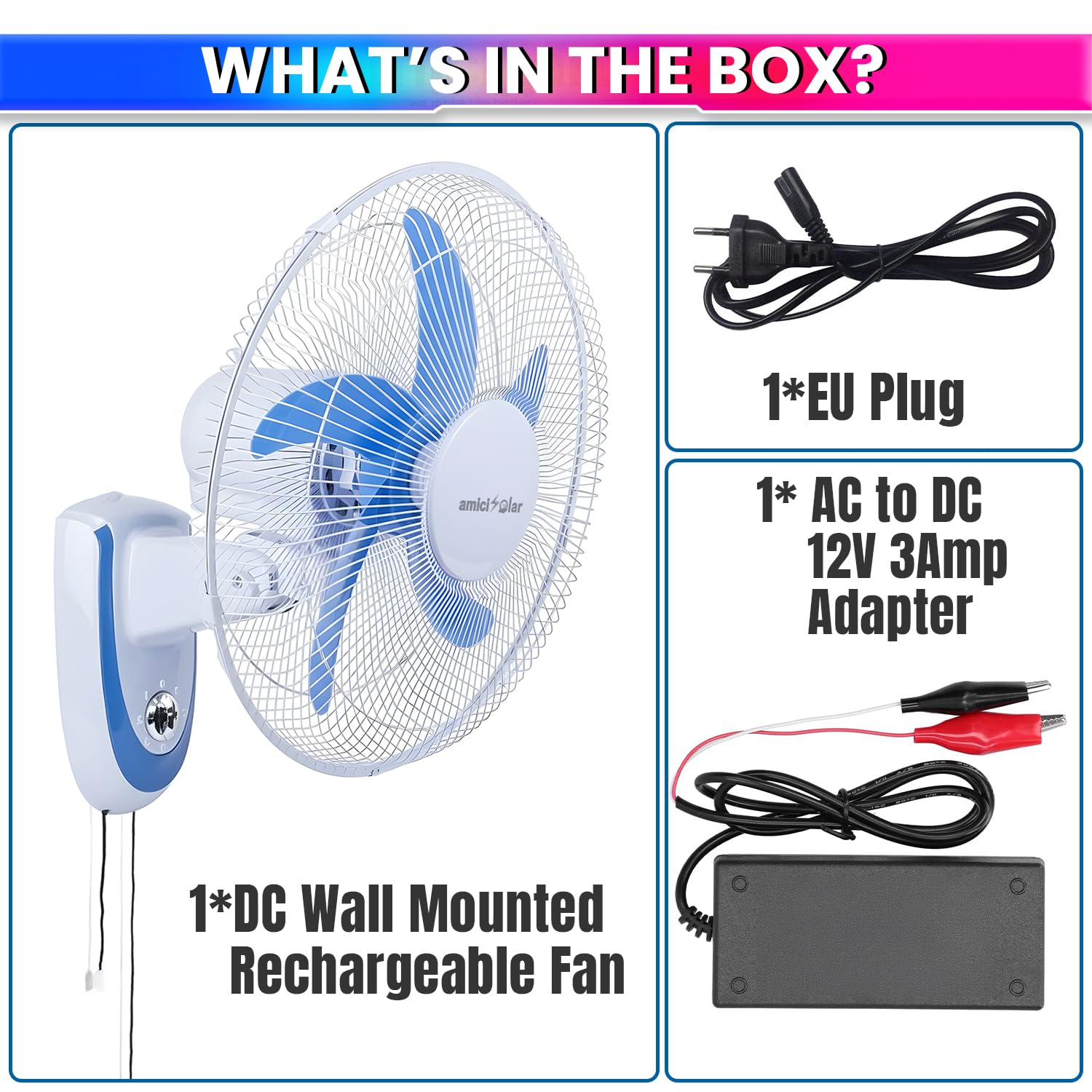 16-Inch BLDC Wall Mounted Rechargeable Fan with 12V 6.4Ah Lithium Battery | Dual Power AC/DC Fan