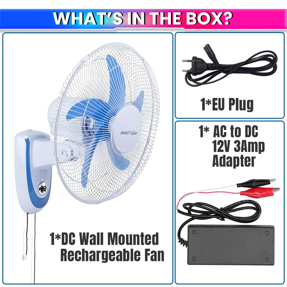 16-Inch BLDC Wall Mounted Rechargeable Fan with 12V 6.4Ah Lithium Battery | Dual Power AC/DC Fan