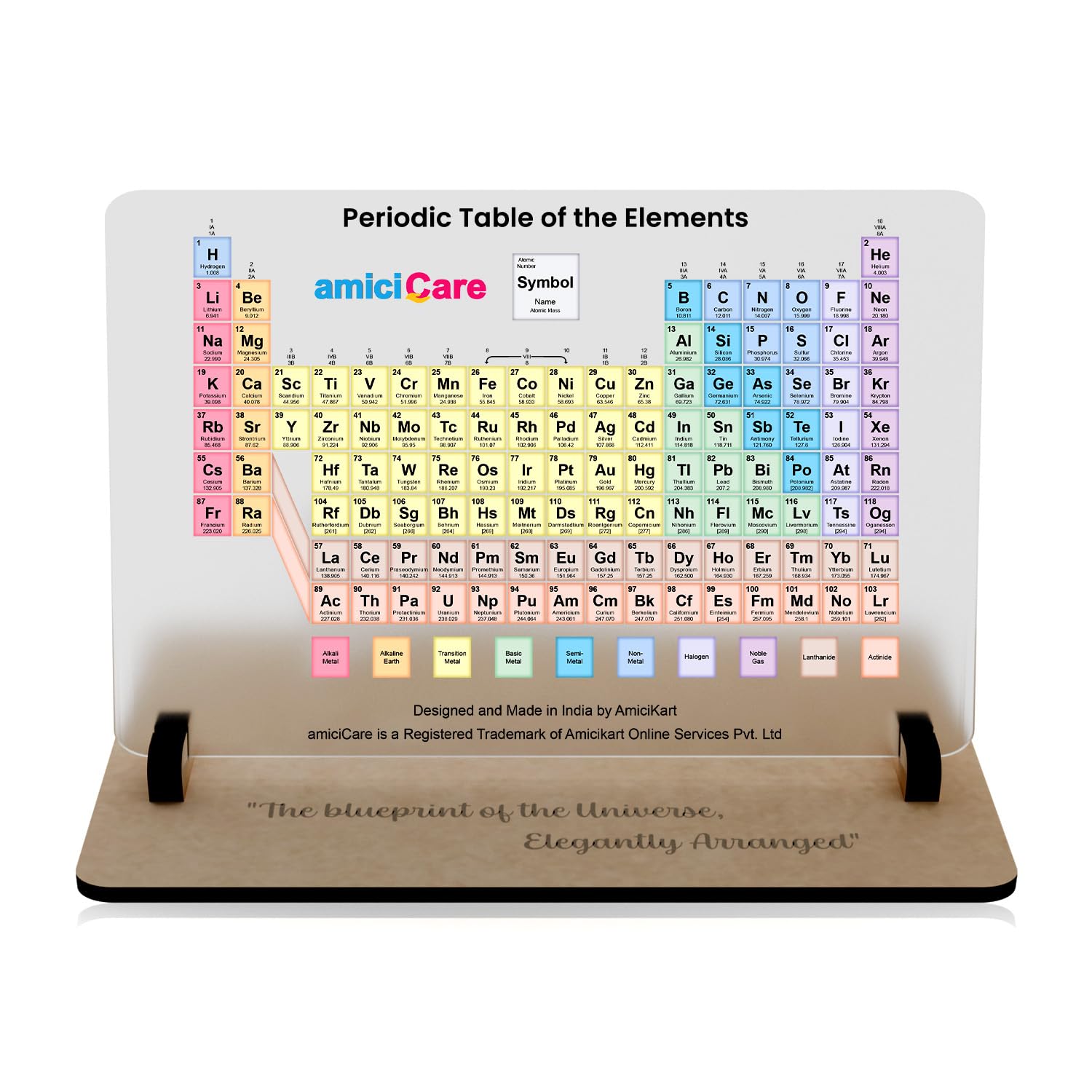 Periodic Table Display with Wooden Stand Acrylic Chemistry Learning & Decorative Desk Tool for Students or Teachers amiciKart