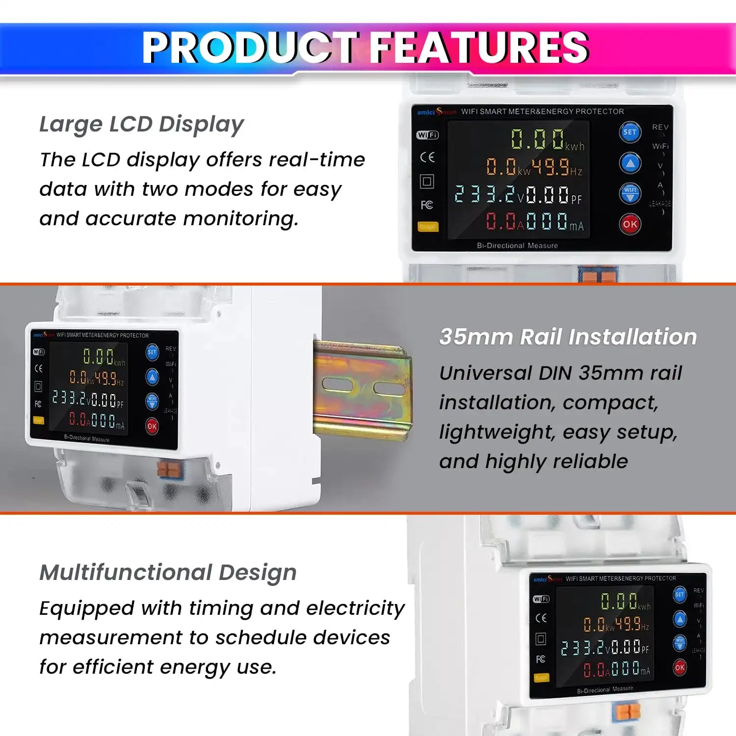 WiFi Bi-Directional Energy Meter Over/Under Voltage, Overload & Leakage Protection with Auto Reconnect