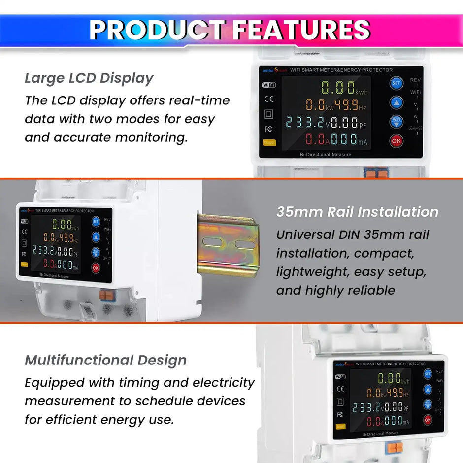 WiFi Bi-Directional Energy Meter Over/Under Voltage, Overload & Leakage Protection with Auto Reconnect