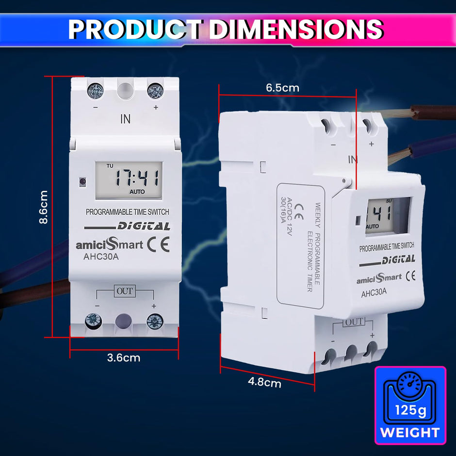 amiciSmart Digital Programmable Timer Switch Relay in-Built 7 Days Schedule, DIN Rail Mounted 30A, DC 12V