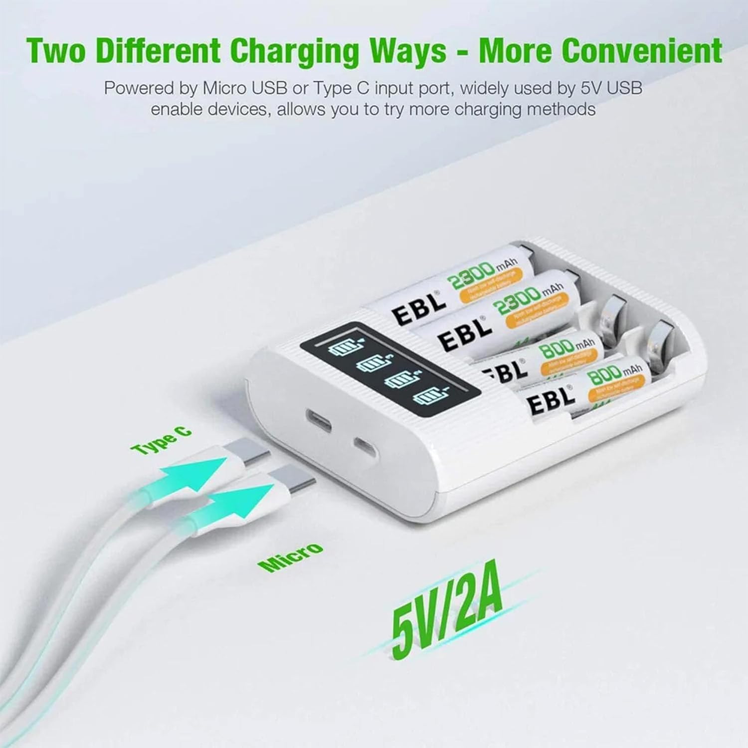 4-Bay AA/AAA Battery Charger with LCD Display – Type-C & Micro USB Input