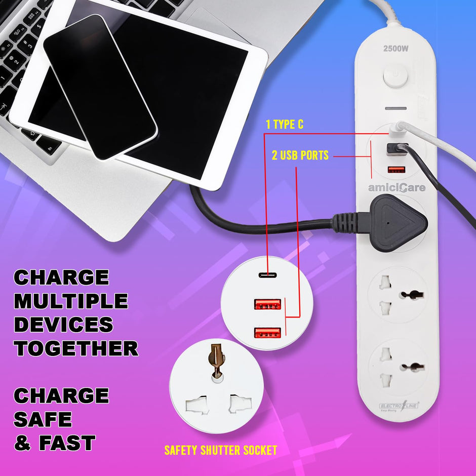 ElectroLine Extension Board 3 Universal Socket with 2 USB Port, Type-C Port & 1.3m Cord with On/Off Switch amiciKart c0tmiz-hs.myshopify.com