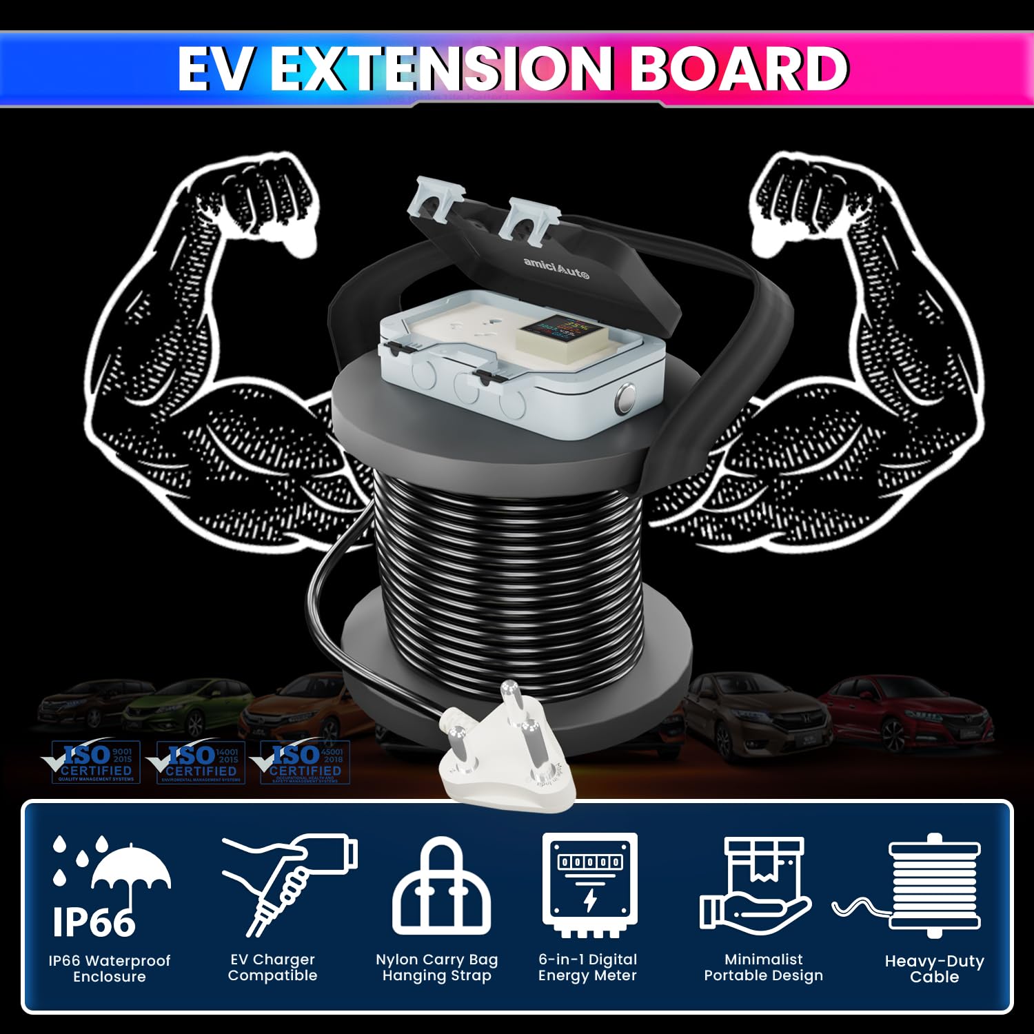 EV Charging Extension Board 6-in-1 Energy Monitoring Meter with Heavy-Duty Cable, IP66 Waterproof & 16A Plug