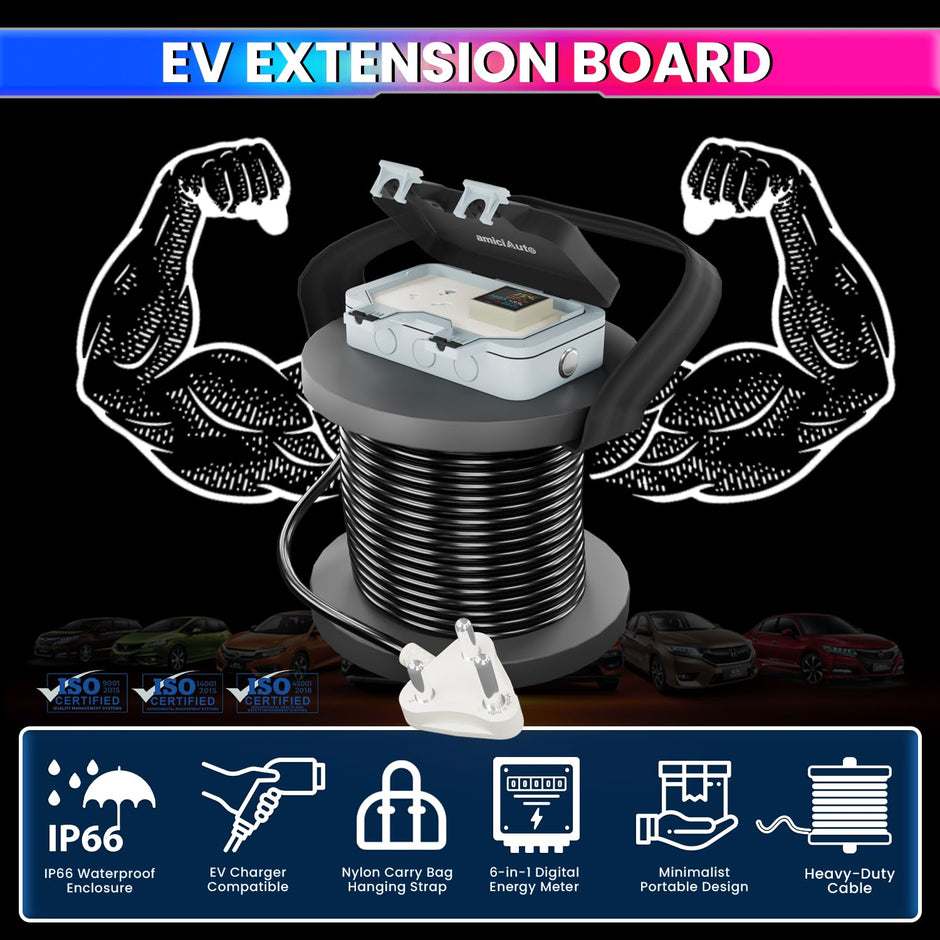 EV Charging Extension Board 6-in-1 Energy Monitoring Meter with Heavy-Duty Cable, IP66 Waterproof & 16A Plug