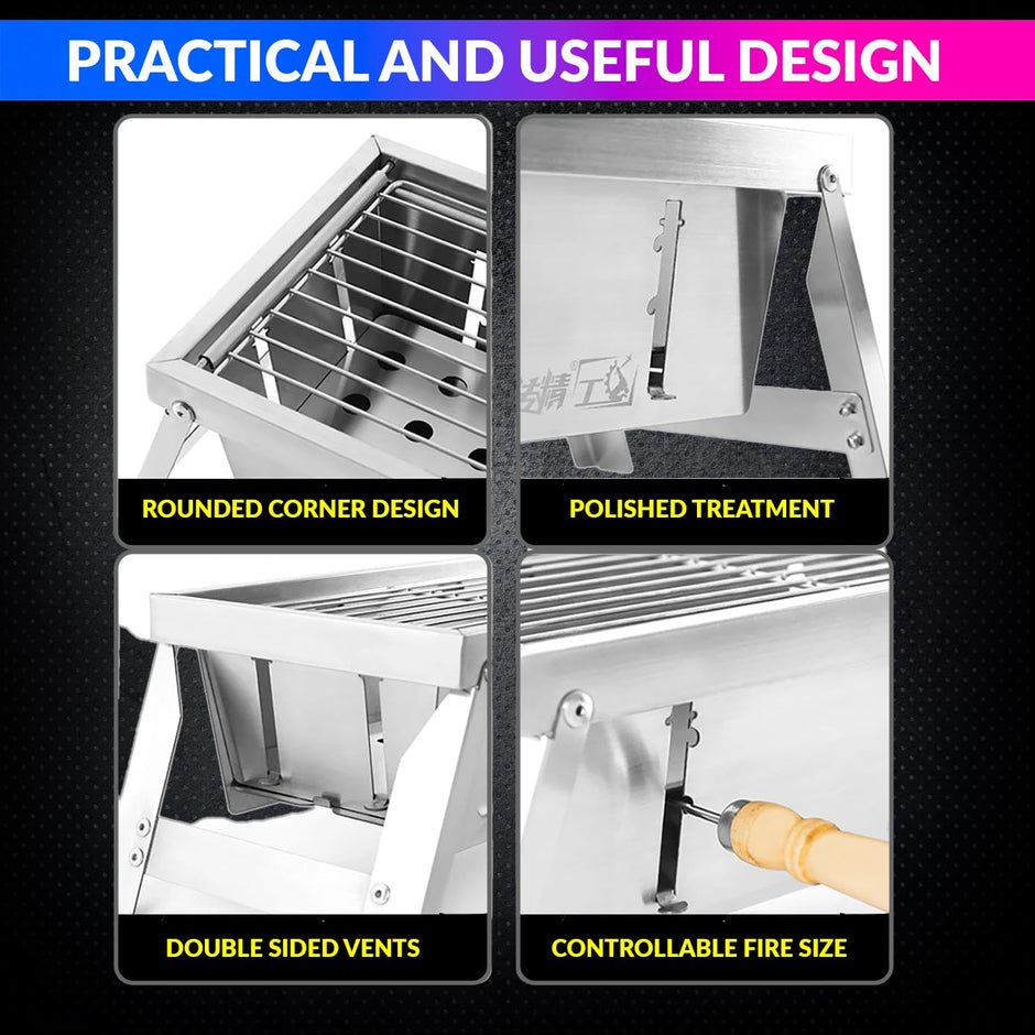 Portable Barbecue Grill, Small Foldable Stainless Steel Charcoal Grill For Outdoor Cooking amiciKart c0tmiz-hs.myshopify.com