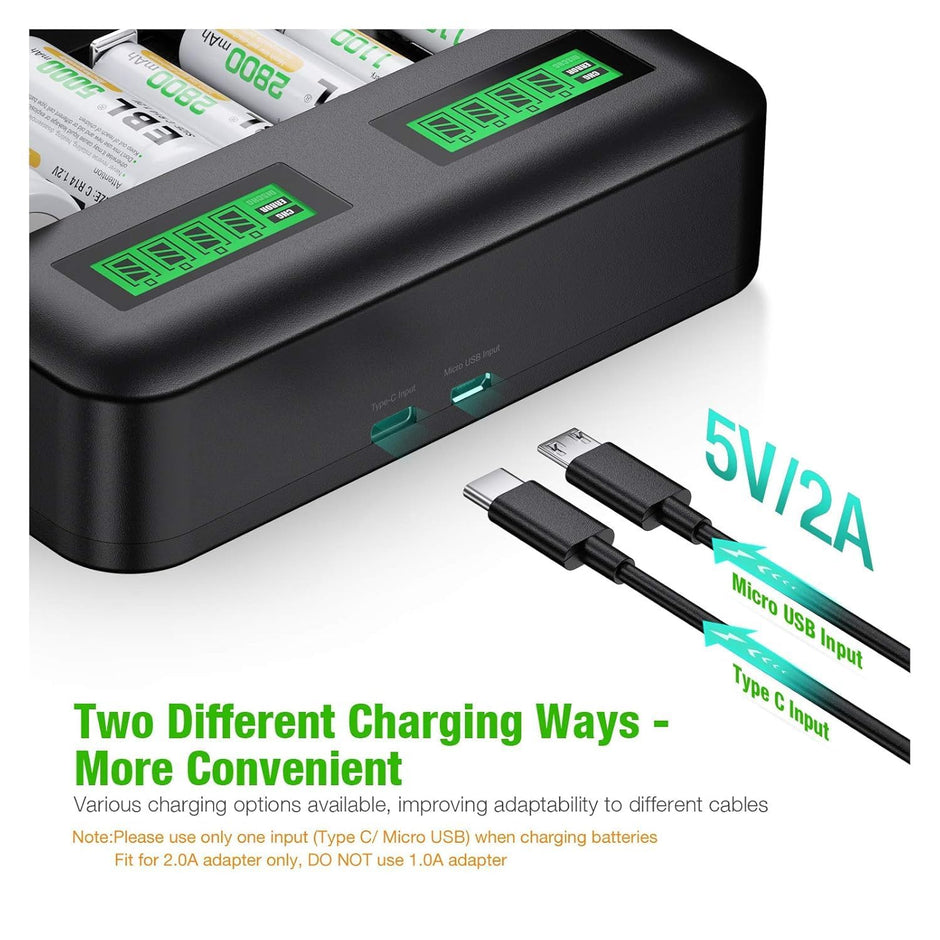 8-Bay LCD Universal Battery Charger with 4×AA (2300mAh) & 4×AAA (800mAh) Ni-MH Batteries