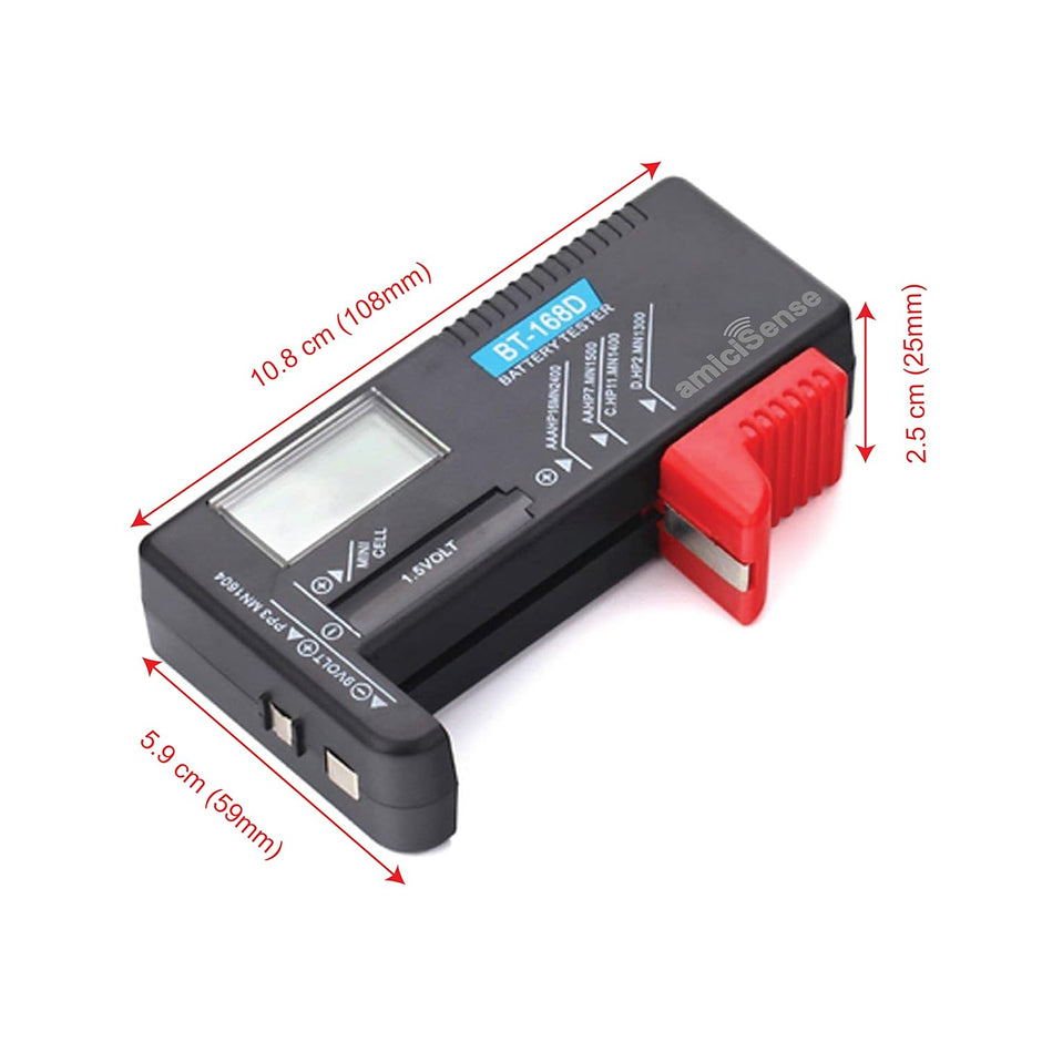 amiciSense Digital Battery Tester Bt-168D Voltage Indicator For 1.2V-4.8V Aa Aaa C D 9V 3V 18650 16340 14500 Lithium Battery, Battery_powered, Black