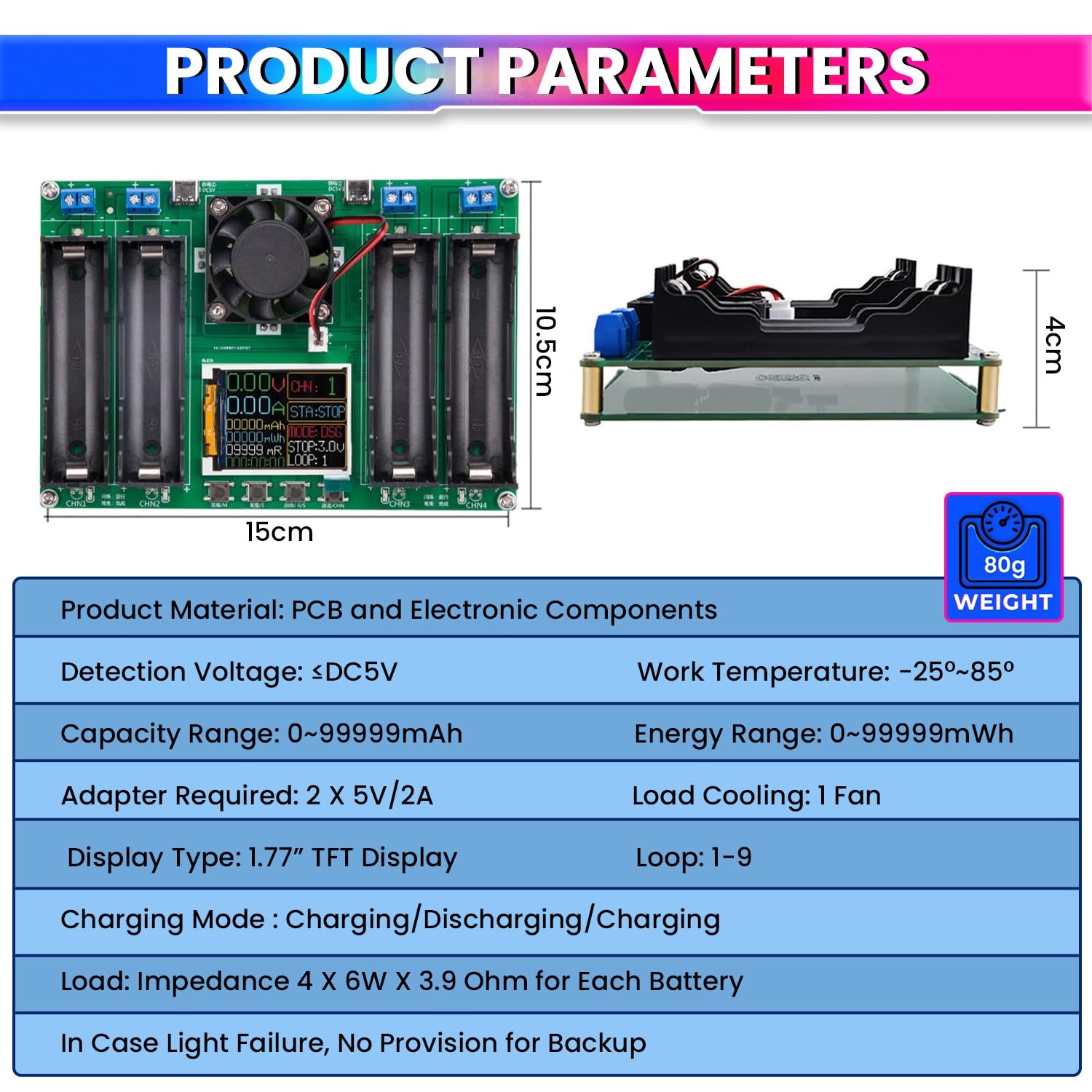 4-Slot Battery Capacity Tester for 18650 Battery Type, Digital Battery Power Detector Module