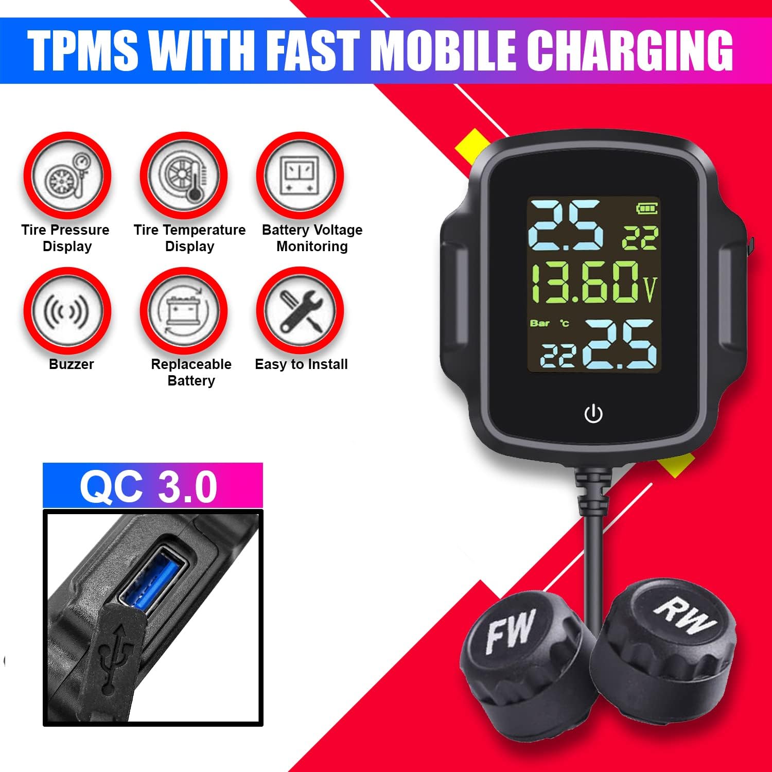 Bike TPMS, 3-in-1 Tyre Pressure Monitoring System with QC 3.0 Fast Charging & Battery Voltage Monitoring
